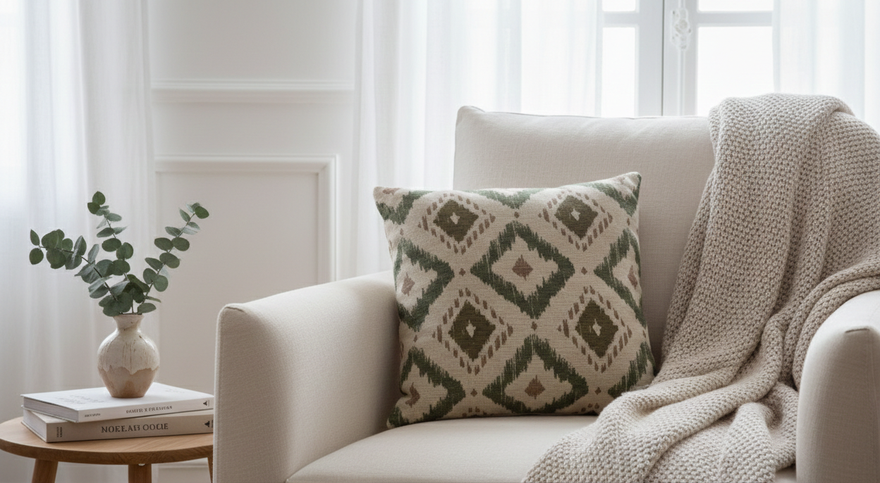 Funda de cojin sobre sofa y manta