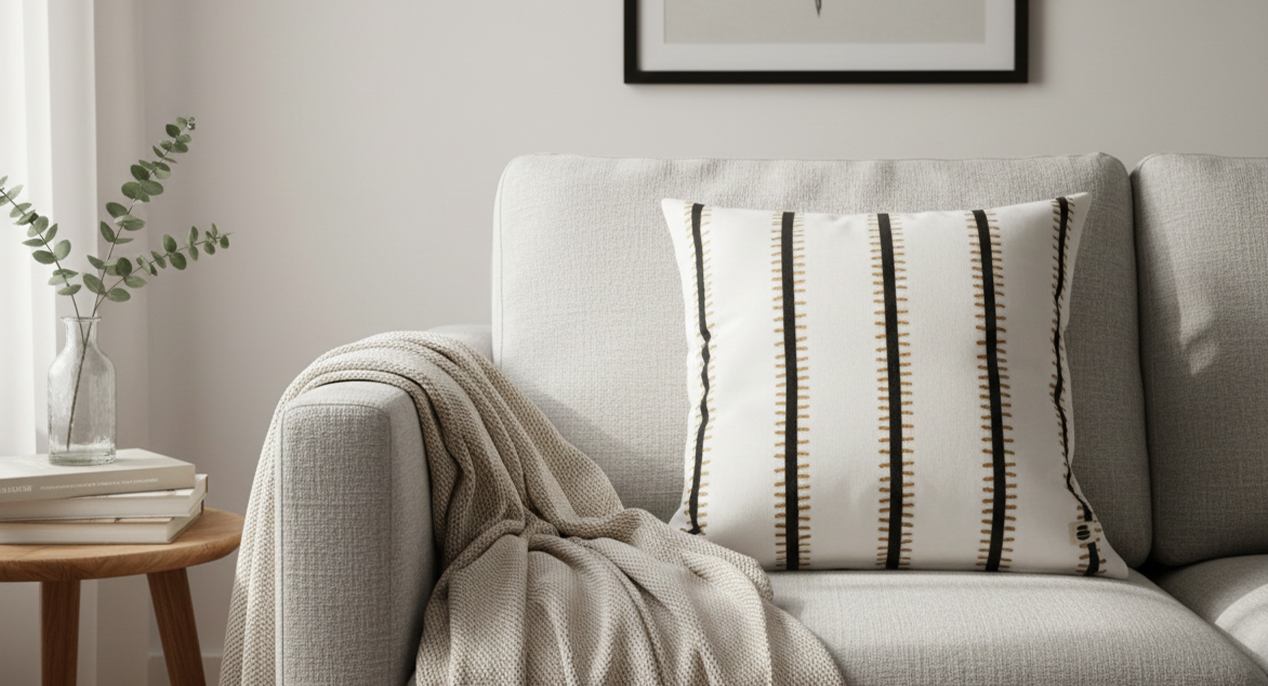 Funda de cojin blanca con costuras en negro y marron sobre sofa con una manta y decoración