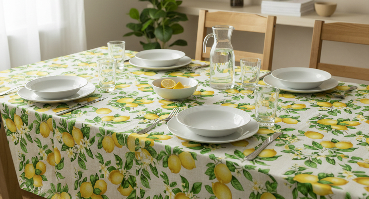 Mantel antimanchas limones con platos cubiertos y vasos encima
