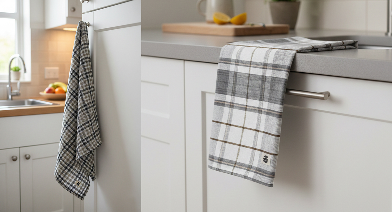 Paños de cocina con cuadros sobre superficies de cocina