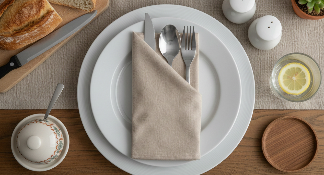 Servilleta de tela con cubiertos sobre platos y comida alrededor